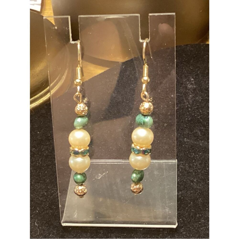 NWOT. Goldtone Faux White Pearl and Green Crystals Pierced Earrings